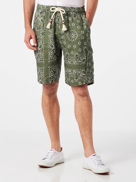 Man Linen Bermuda Shorts With Military Green Bandanna Print