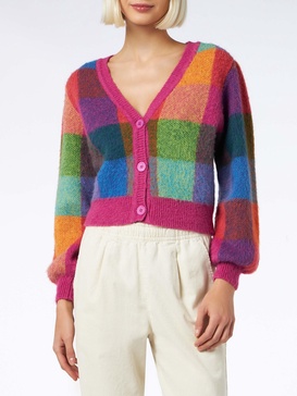 Woman Brushed Cropped Cardigan With Puff Sleeves