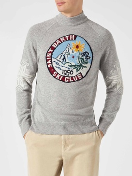 Man Half-turtleneck Grey Sweater With Print