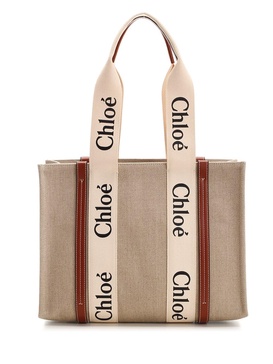 Medium Woody Tote Bag in Linen and Leather