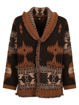 Alanui Icon Jacquard V-Neck Fringed Edge Cardigan