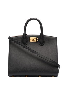 FERRAGAMO Black Calf Leather Top-Handle Handbag for Women with Gold-Colored Details and Gangini Plaque