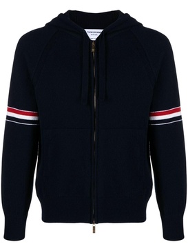 THOM BROWNE Luxury Cashmere Zip-Up Hoodie with Float Jacquard Stitch - Navy