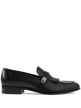 Black Loafers with Fringes and Double G in Smooth Leather Man