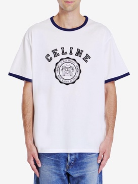 CELINE Contemporary White Cotton Crewneck T-Shirt with Flocked Logo