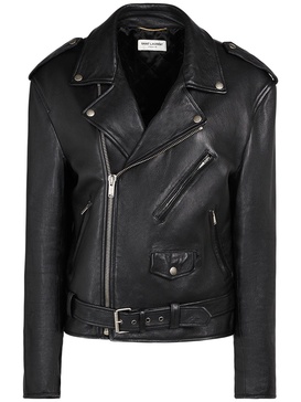 Belted leather zip-up jacket