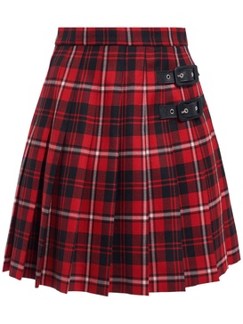 Pleated wool tartan mini skirt w/buckles