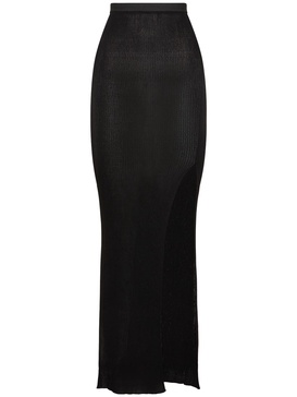 Silk rib knit high slit long skirt