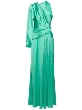 Draped light satin one-sleeve long dress