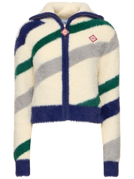 Striped fluffy zip-up top