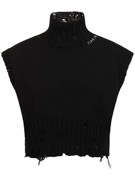 Distressed ribbed cotton turtleneck vest