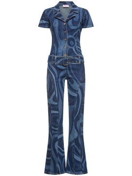 Printed denim long jumpsuit