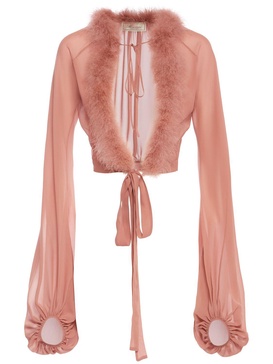 Sheer shirt with feather trim