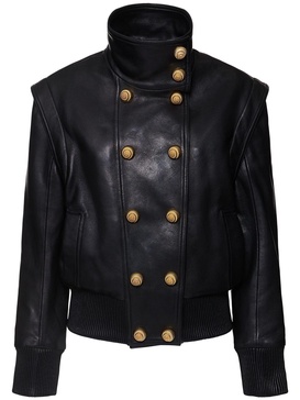 High collar leather bomber jacket