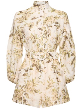 Golden printed linen belted playsuit