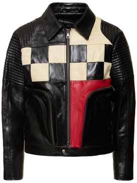 Checkerboard leather biker jacket