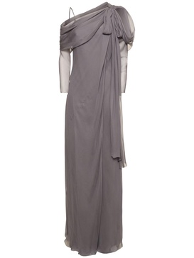 Draped chiffon & satin long sleeve dress