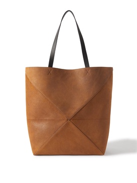 Puzzle Fold Leather-Trimmed Suede Tote Bag