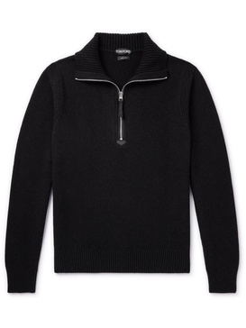 Suede-Trimmed Wool-Blend Half-Zip Sweater