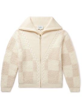 Checked Cable-Knit Wool-Blend Bouclé Zip-Up Cardigan