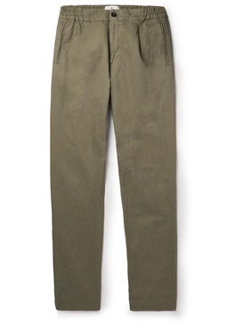 Straight-Leg Pleated Cotton and Linen-Blend Trousers