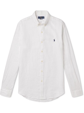 Slim-Fit Button-Down Collar Logo-Embroidered Linen Shirt