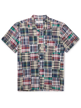 Convertible-Collar Patchwork Checked Cotton-Madras Shirt