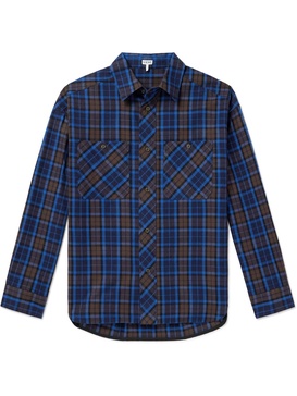 Leather-Trimmed Checked Cotton-Flannel Shirt