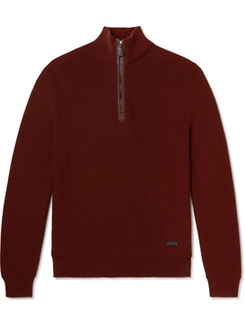 Leather-Trimmed Ribbed Wool Half-Zip Sweatshirt