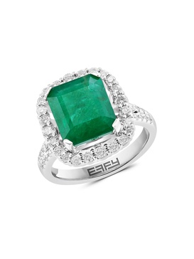 14K White Gold, Emerald & Diamond Ring