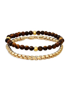 2-Piece 14K Goldplated Sterling Silver & Tigers Eye & Box Chain Bracelet Set