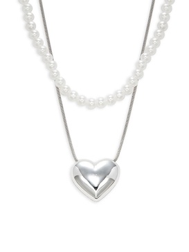 Silvertone & 2MM Freshwater Pearl Layered Heart Necklace