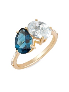 14K Yellow Gold, London Blue Topaz, White Topaz & Diamond Ring