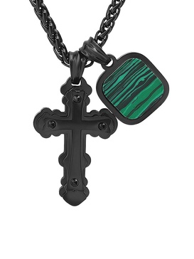 18K Gold Plated or Black IP Square Simulated Malachite & Double Cross Pendant Necklace