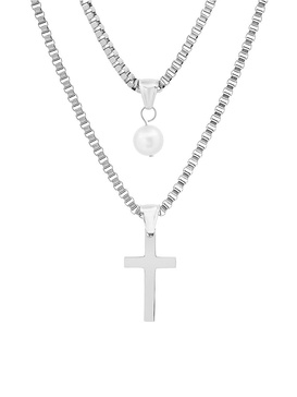 Stainless Steel Cross & Pearl Pendant Layered Necklace