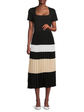 Colorblock Accordion Pleat Midi Dress