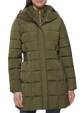 Shirred-Waist Hooded Quilted Down Coat