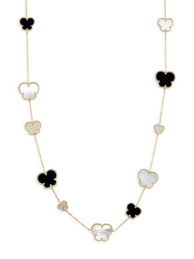 14K Yellow Gold, Mother-Of-Pearl, Onyx, & Diamond Butterfly Necklace