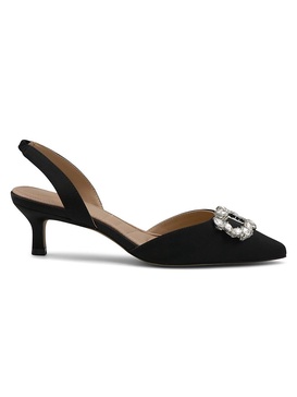 Suzer Kitten Heel Slingback Satin Crystal Pumps