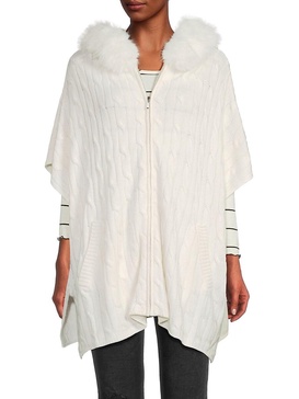 Wool Blend Faux Fur Trim Hooded Poncho