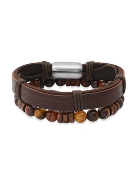 2-Piece Stainless Steel, Leather & Tiger Eye Bracelet Set