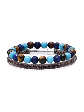 2-Piece Multi-Stone & Leather Beaded Bracelet Set