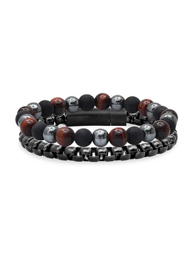 2-Piece Stainless Steel, Black Lava, Hematite, & Red Tiger Eye Beaded Bracelet Set