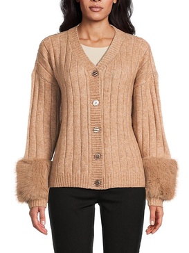 Faux Fur Cuff Rib Knit Cardigan