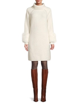 Faux Fur-Cuff Mini Sweater Dress