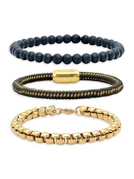 3-Piece 18K Gold-Plated Stainless Steel, Black Lava & Leather Bracelet Set