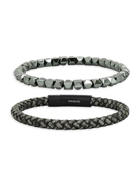 2-Piece Leather, Black IP Stainless Steel & Hematite Bracelets