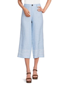 Embroidered 100% Linen Cropped Pants