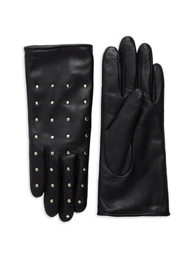 Studded Faux Fur-Lined Leather Gloves