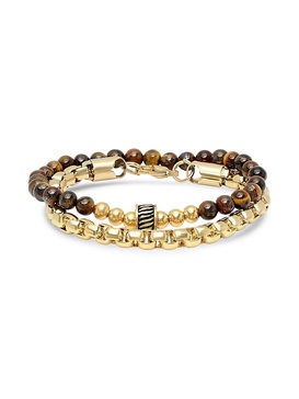 2-Piece 18K Goldplated Box Link & Tiger Eye Beaded Bracelets